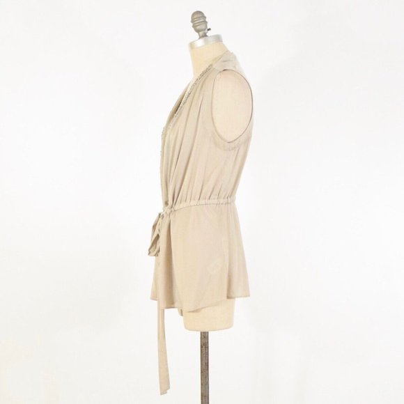 Robert Rodriguez Beige Beaded Silk Chiffon Tie-Waist Blouse - Picture 6 of 7